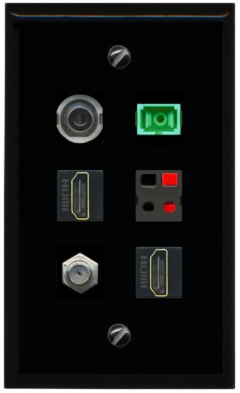 RiteAV 3.5mm COAX 2 HDMI SC APC Simplex Fiber SPEAKER Flat/Solid Wall Plate [Black]