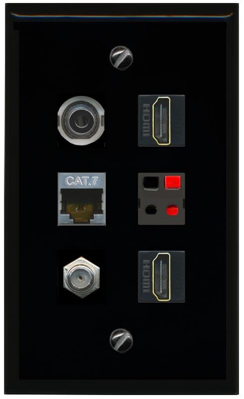 RiteAV 3.5mm CAT7 COAX 2 HDMI SPEAKER Flat/Solid Wall Plate [Black]