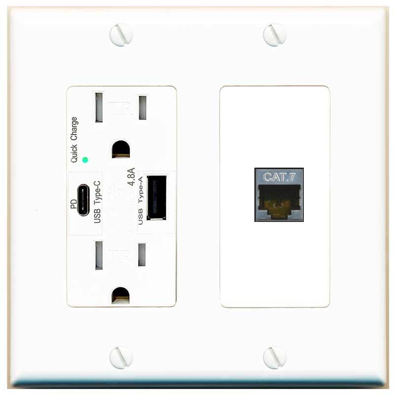RiteAV 1 Port Cat7 Shielded Ethernet Wall Plate - USB A+C Charger [White/White]