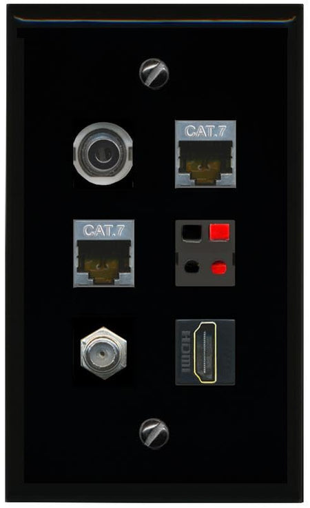RiteAV 3.5mm 2 CAT7 COAX HDMI SPEAKER Flat/Solid Wall Plate [Black]