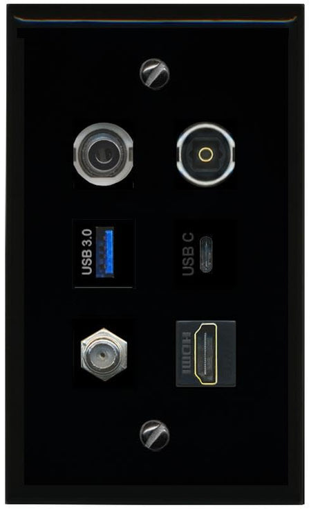 RiteAV 3.5mm Coax HDMI TOSLINK USB 3 USBC Flat/Solid Wall Plate [Black]