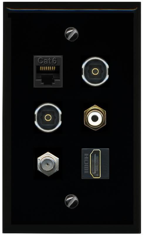 RiteAV CAT6 Coax HDMI RCA White 2 TOSLINK Flat/Solid Wall Plate [Black]