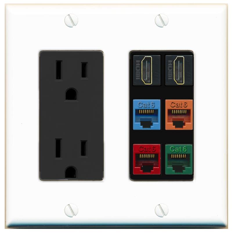 RiteAV 2 HDMI 4 Cat6 Ethernet Mixed Color Wall Plate - Outlet [White/Black]