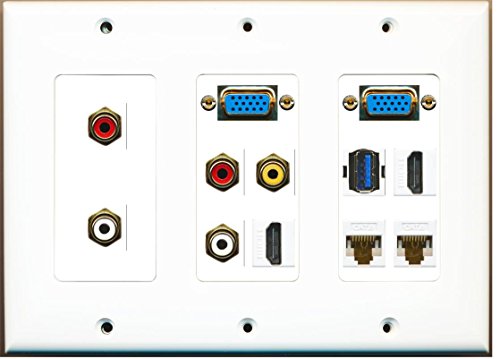 RiteAV - (3 Gang 2 Svga-HDMI-Cat6 + 2 RCA Red + White RCA Yellow USB 3 Wall Plate White