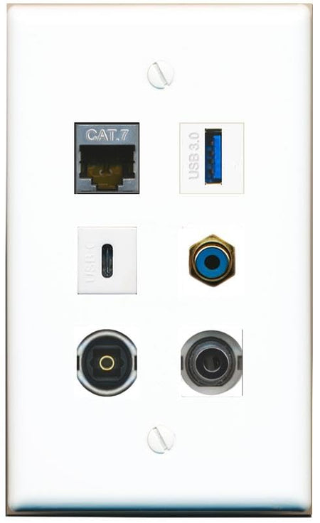 RiteAV 3.5mm CAT7 RCA-BLUE TOSLINK USB-3 USBC Flat/Solid Wall Plate [White]
