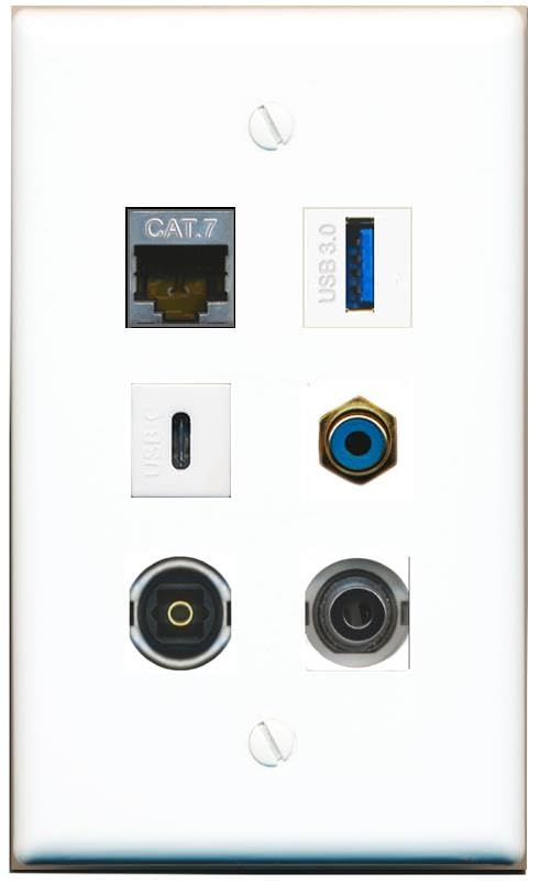 RiteAV 3.5mm CAT7 RCA-BLUE TOSLINK USB-3 USBC Flat/Solid Wall Plate [White]