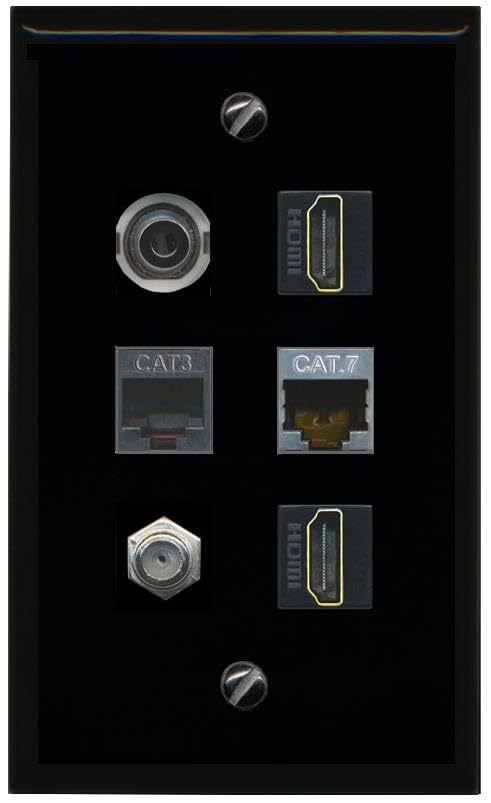 RiteAV 3.5mm CAT7 Coax 2 HDMI Phone Flat/Solid Wall Plate [Black]