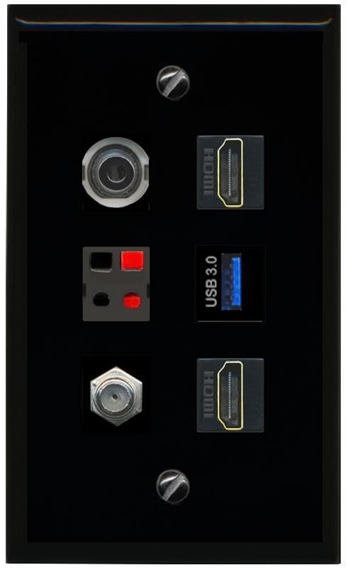 RiteAV 3.5mm COAX 2 HDMI SPEAKER USB 3 Flat/Solid Wall Plate [Black]