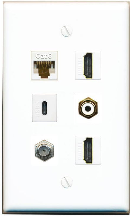 RiteAV CAT6 Coax 2 HDMI RCA-White USBC Flat/Solid Wall Plate [White]