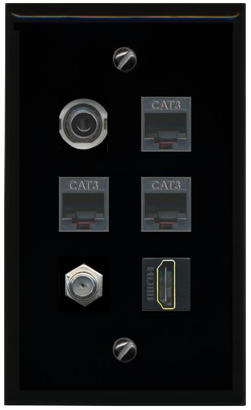 RiteAV 3.5mm COAX HDMI 3 PHONE Flat/Solid Wall Plate [Black]