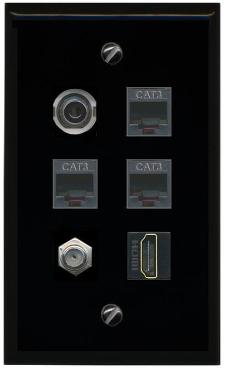RiteAV 3.5mm COAX HDMI 3 PHONE Flat/Solid Wall Plate [Black]