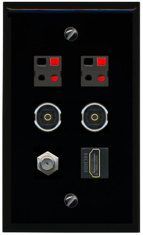 RiteAV COAX HDMI 2 SPEAKER 2 TOSLINK Flat/Solid Wall Plate [Black]