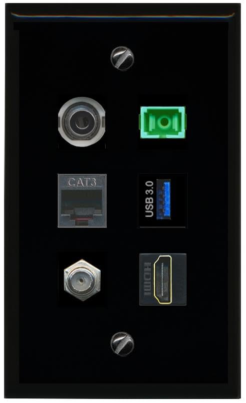 RiteAV 3.5mm COAX HDMI PHONE SC APC Simplex Fiber USB 3 Flat/Solid Wall Plate [Black]