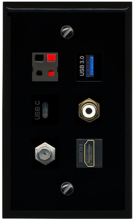 RiteAV COAX HDMI RCA WHITE SPEAKER USB 3 USBC Flat/Solid Wall Plate [Black]