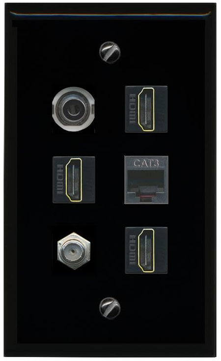 RiteAV 3.5mm Coax 3 HDMI Phone Flat/Solid Wall Plate [Black]