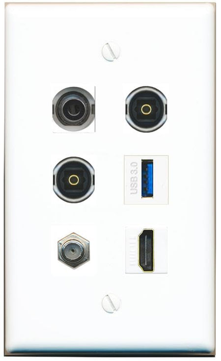 RiteAV 3.5mm Coax HDMI 2 TOSLINK USB-3 Flat/Solid Wall Plate [White]
