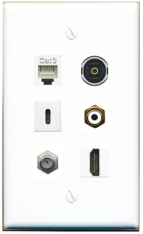 RiteAV Coax HDMI Phone RCA-White TOSLINK USBC Flat/Solid Wall Plate [White]