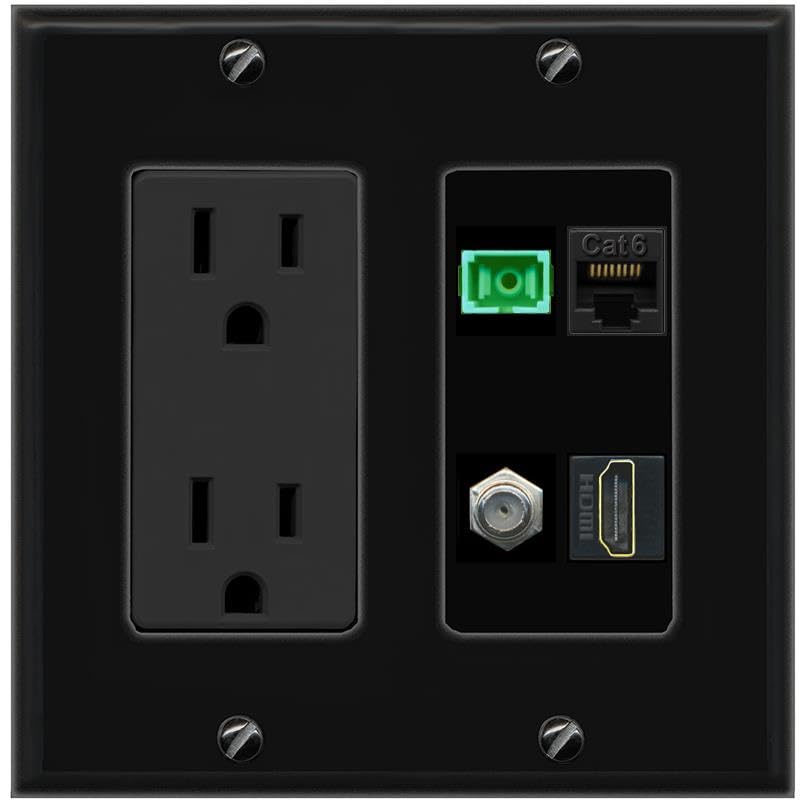 RiteAV 1 Port Fiber Optic Jack SC Simplex APC + Cat6 + Coax + HDMI Wall Plate-Outlet Black/Black