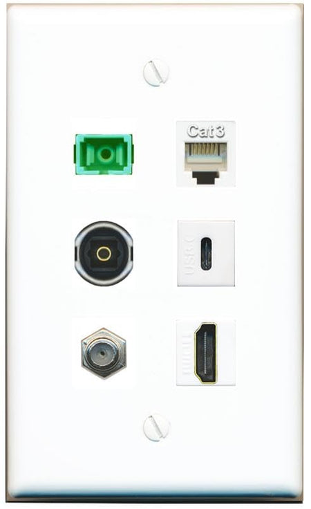 RiteAV Coax HDMI Phone SC-APC-SX TOSLINK USBC Flat/Solid Wall Plate [White]