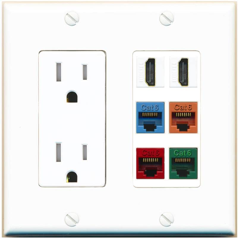 RiteAV 2 HDMI 4 Cat6 Ethernet Mixed Color Wall Plate - Tamper-Resistant [White/White]