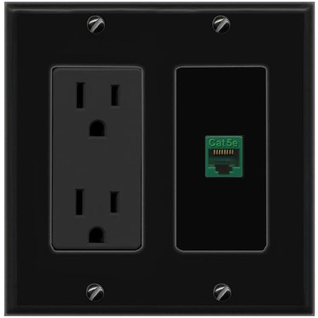RiteAV CAT5E-GREEN Wall Plate with Power Outlet [Black]