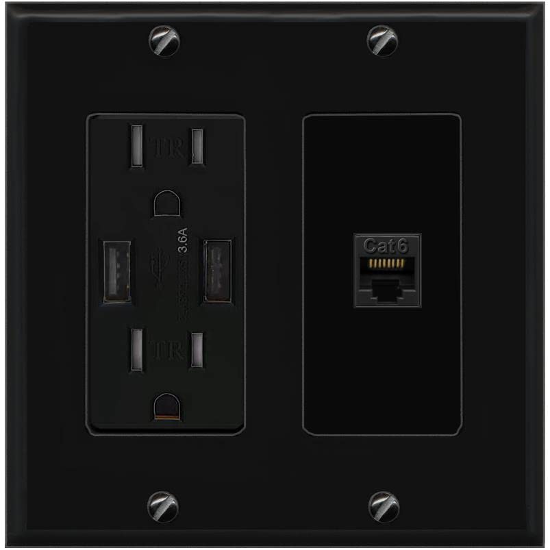 RiteAV 1 Port Cat6 Ethernet Wall Plate Female-Female - USB Charger [Black/Black]