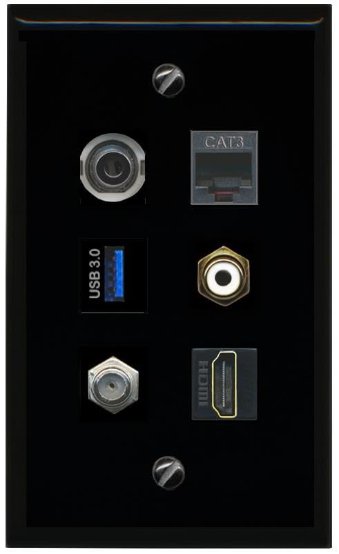 RiteAV 3.5mm Coax HDMI Phone RCA White USB 3 Flat/Solid Wall Plate [Black]