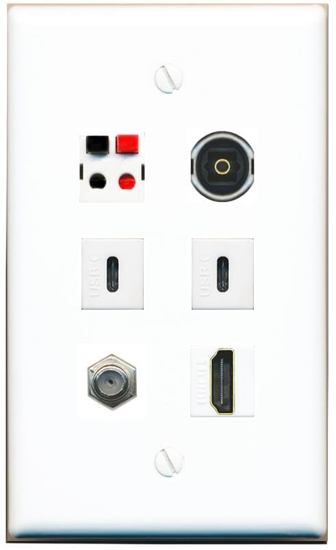 RiteAV Coax HDMI Speaker TOSLINK 2 USBC Flat/Solid Wall Plate [White]