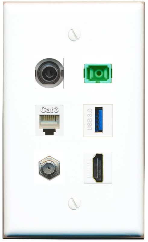RiteAV 3.5mm Coax HDMI Phone SC-APC-SX USB-3 Flat/Solid Wall Plate [White]