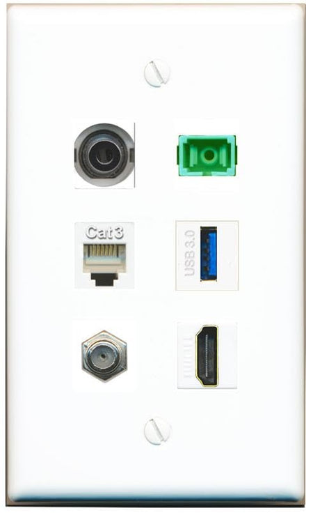 RiteAV 3.5mm Coax HDMI Phone SC-APC-SX USB-3 Flat/Solid Wall Plate [White]