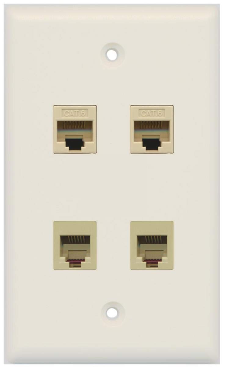RiteAV - 2 Port Phone RJ11 RJ12 and 2 Port Cat6 Ethernet Wall Plate - Light Almond