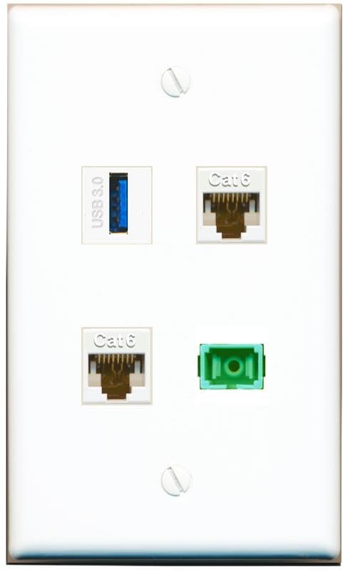RiteAV - 2 CAT6 SC-APC Singlemode Simplex USB-3 Wall Plate Flat White