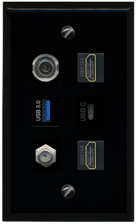 RiteAV 3.5mm Coax 2 HDMI USB 3 USBC Flat/Solid Wall Plate [Black]