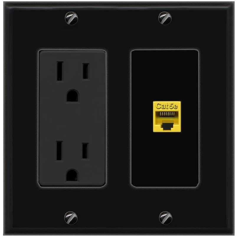 RiteAV CAT5E-YELLOW Wall Plate with Power Outlet [Black]