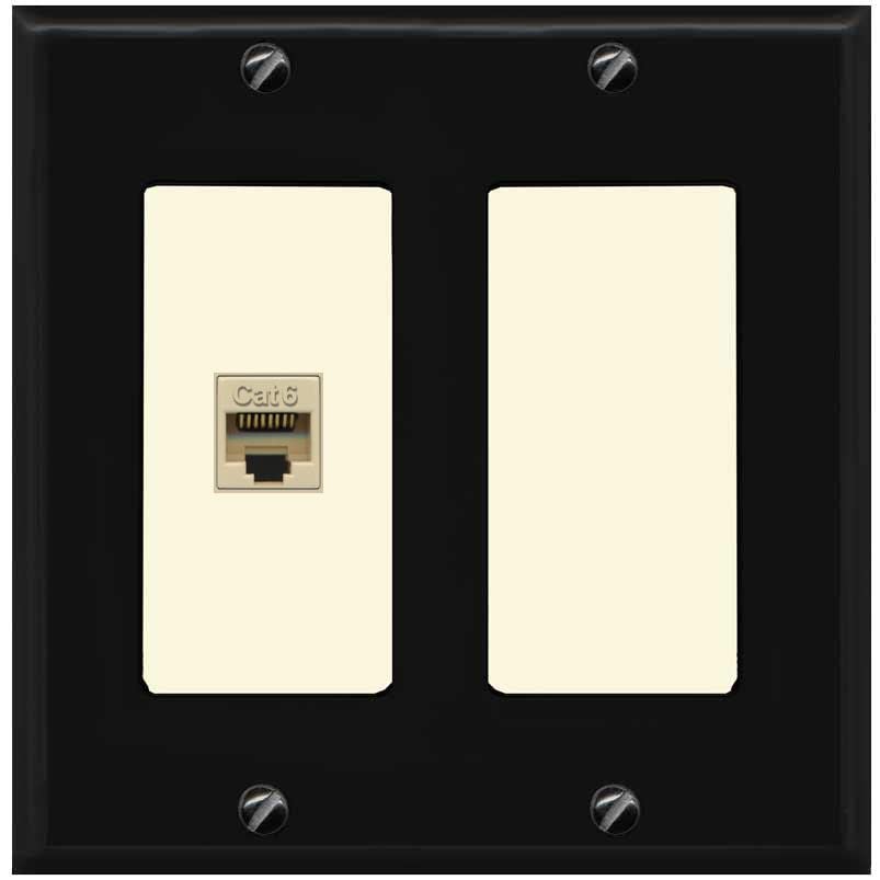 RiteAV 1 Port Cat6 Ethernet Wall Plate Female-Female - 2 Gang [Black/Light-Almond]