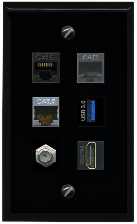 RiteAV CAT6 CAT7 Coax HDMI Phone USB 3 Flat/Solid Wall Plate [Black]