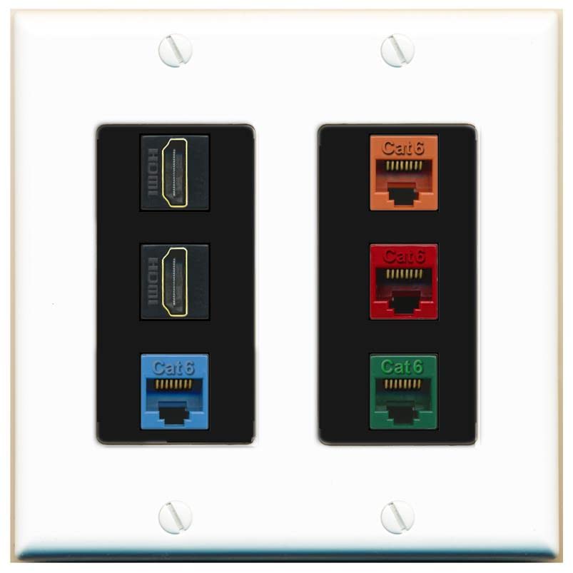 RiteAV 2 HDMI 4 Cat6 Ethernet Mixed Color Wall Plate - 2 Gang [White/Black]