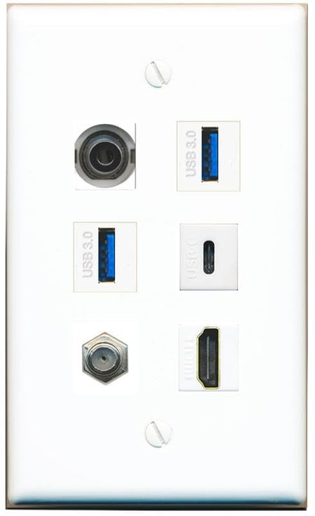 RiteAV 3.5mm Coax HDMI 2 USB-3 USBC Flat/Solid Wall Plate [White]