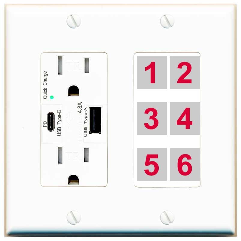 RiteAV - Custom Wall Plate 6 Port - USB A+C Charger [White/White]