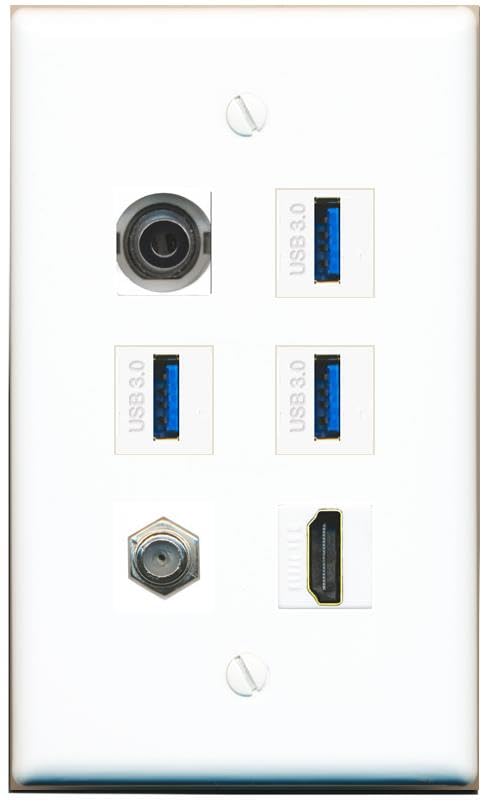 RiteAV 3.5mm Coax HDMI 3 USB-3 Flat/Solid Wall Plate [White]