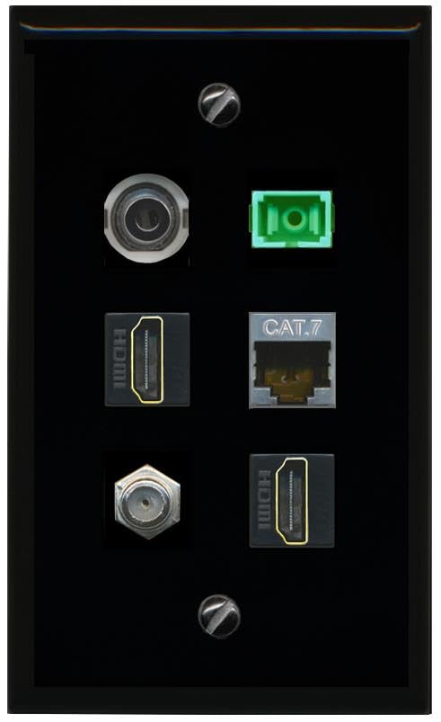 RiteAV 3.5mm CAT7 COAX 2 HDMI SC APC Simplex Fiber Flat/Solid Wall Plate [Black]