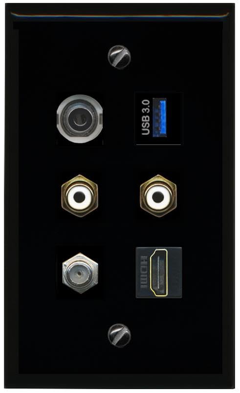 RiteAV 3.5mm Coax HDMI 2 RCA White USB 3 Flat/Solid Wall Plate [Black]