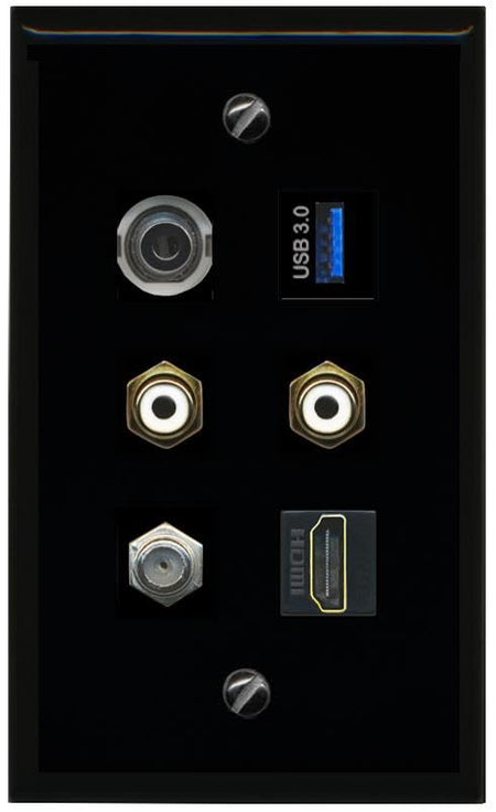 RiteAV 3.5mm Coax HDMI 2 RCA White USB 3 Flat/Solid Wall Plate [Black]