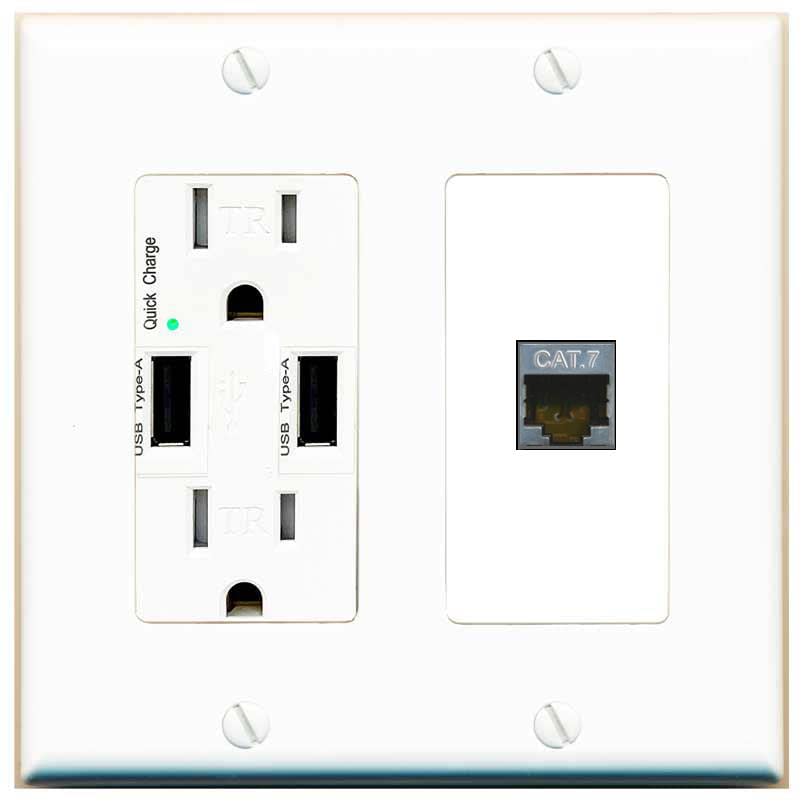 RiteAV 1 Port Cat7 Shielded Ethernet Wall Plate - USB Charger [White/White]