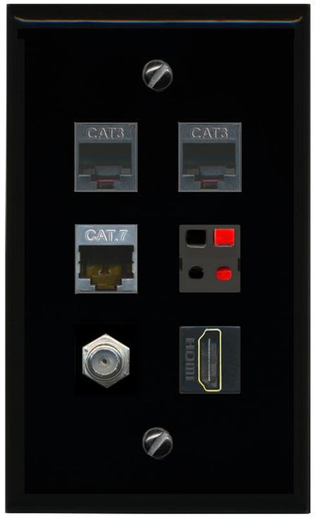 RiteAV CAT7 COAX HDMI 2 PHONE SPEAKER Flat/Solid Wall Plate [Black]