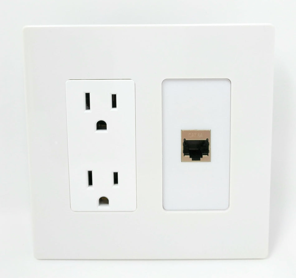 RiteAV - (2 Gang Decorative 15A Power Outlet Cat6a Screwless Wall Plate White