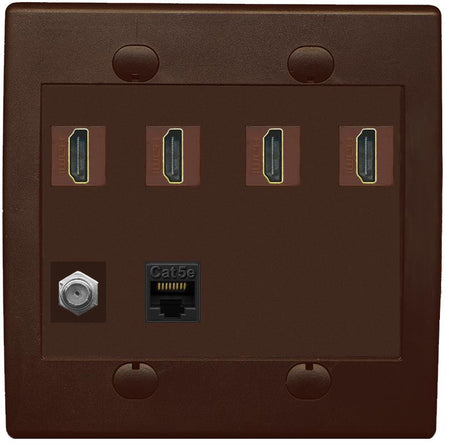 RiteAV 4 Port HDMI 1 Coax Cable TV- F-Type 1 Cat5E Ethernet Wall Plate - Flat 2 Gang [Brown/Brown]