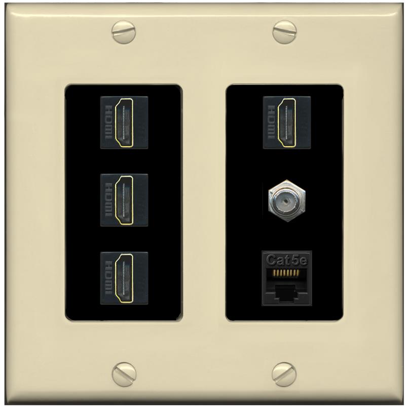 RiteAV 4 Port HDMI 1 Coax Cable TV- F-Type 1 Cat5E Ethernet Wall Plate - 2 Gang [Ivory/Black]