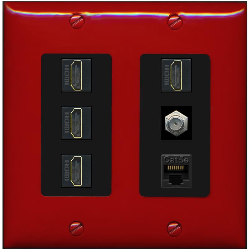 RiteAV 4 Port HDMI 1 Coax Cable TV- F-Type 1 Cat5E Ethernet Wall Plate - 2 Gang [Red/Black]