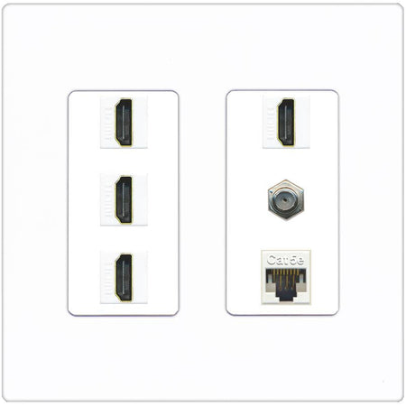 RiteAV 4 Port HDMI 1 Coax Cable TV- F-Type 1 Cat5E Ethernet Wall Plate - 2 Gang [Screwless White]